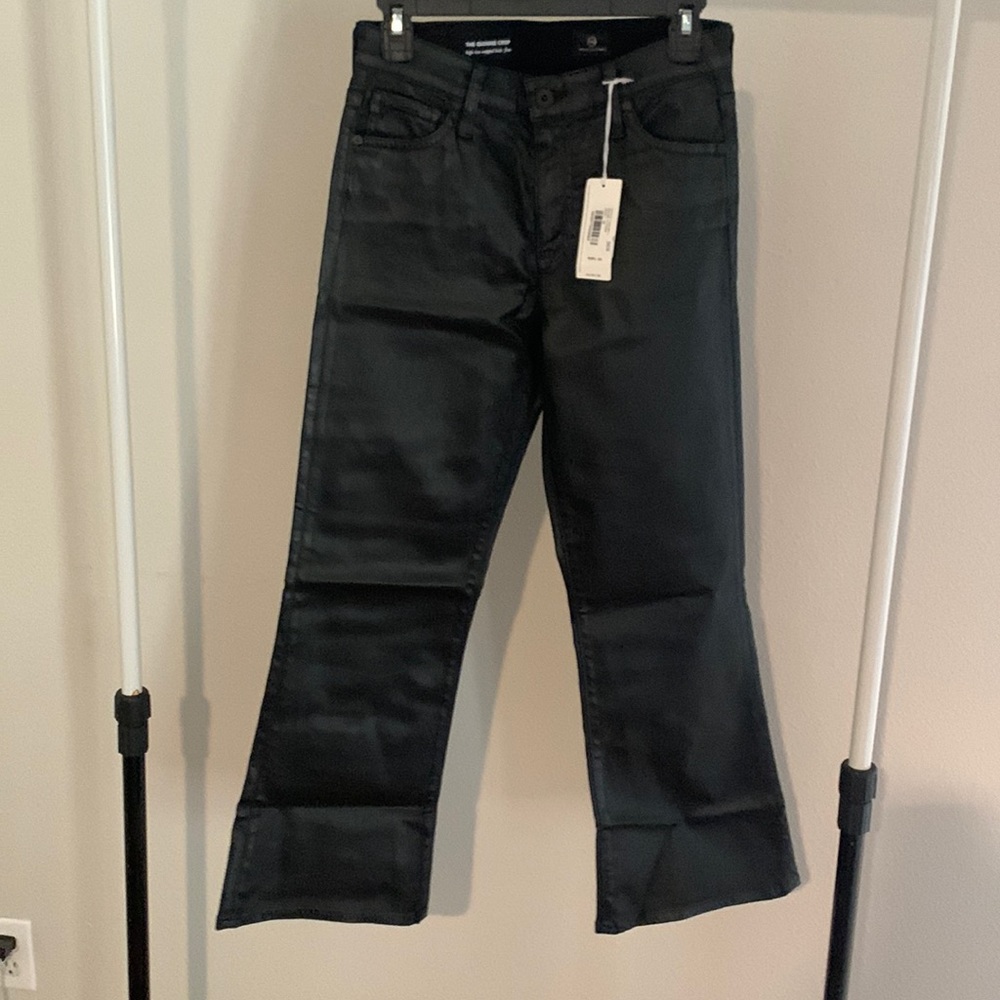 Black, shiny Adriano Goldschmied high waisted, cropped flare jeans